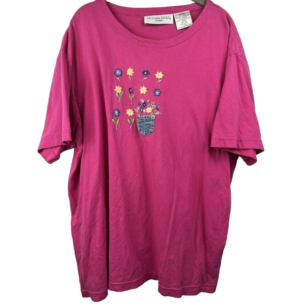 Victoria Jones‎ Womens 2X Pink Floral Embroidery Denim Decor Cotton T-Shirt Top